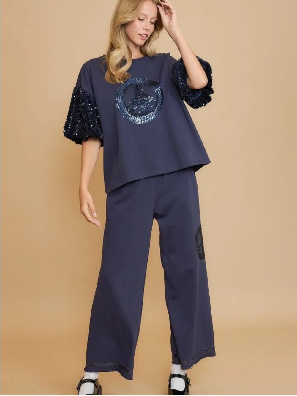 Umgee Navy Blue Wide Leg Pants with Sequined Peace Symbol, M